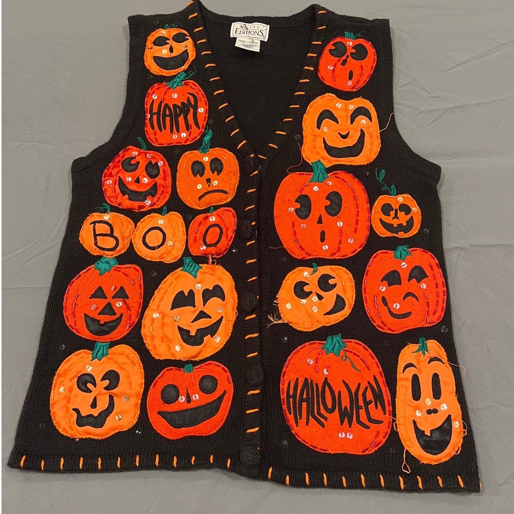 Basic Editions Vintage Halloween Pumpkin Patch Sequin Sweater Vest Small Black